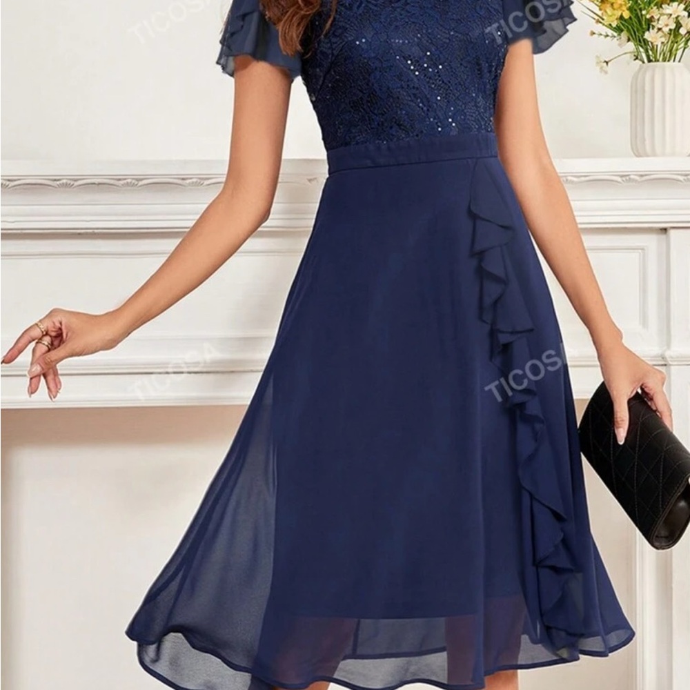 Miusol Navy Midi Dress with Lace and Ruffles